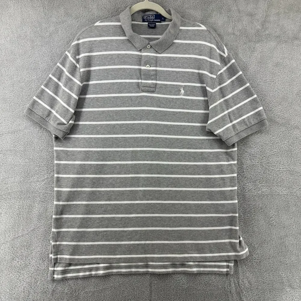 Polo Ralph Lauren Shirt Mens L Gray Striped Polo 1/4 Button Preppy Short Sleeve
